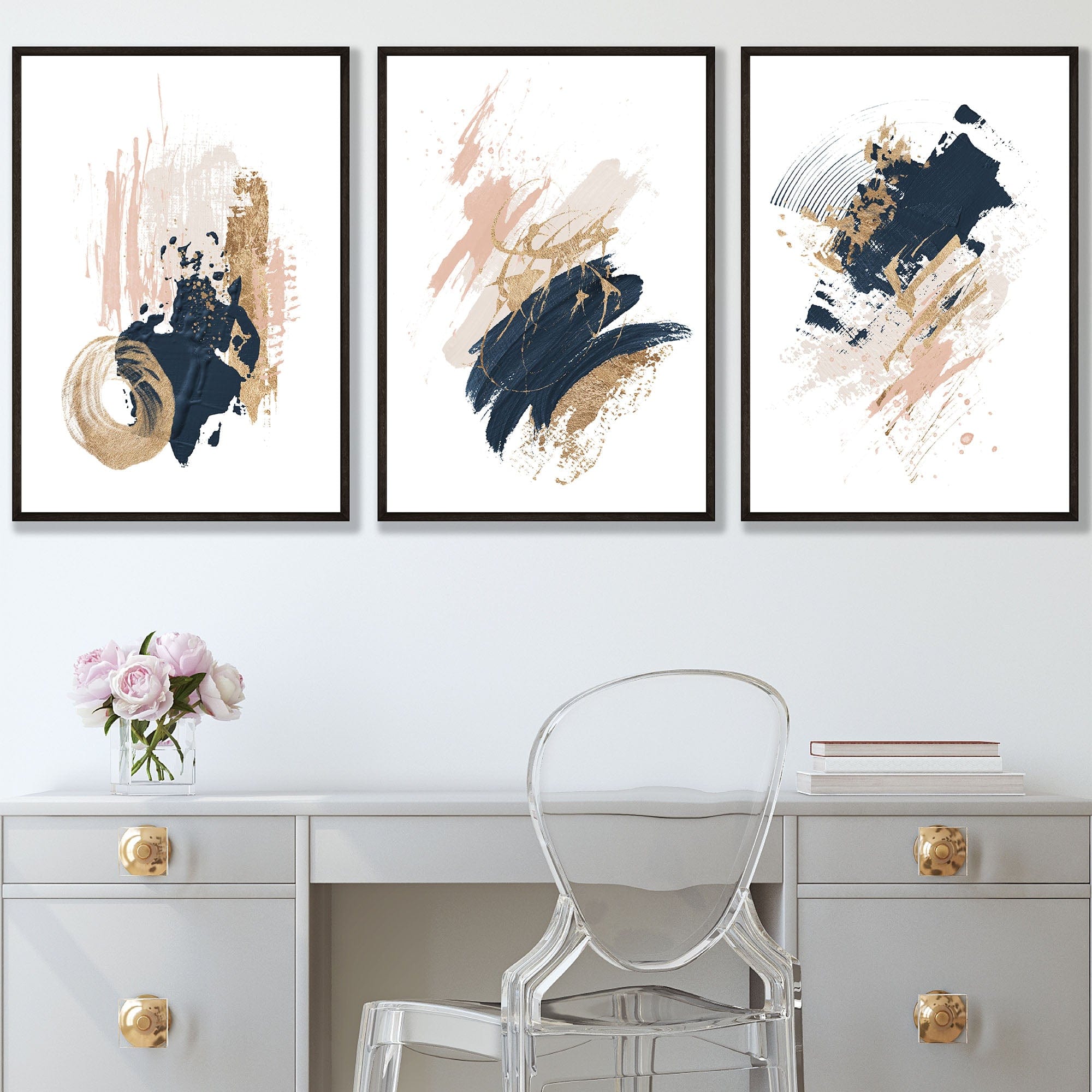 Set of 3 Abstract Posters from Oil Paintings Navy, Gold, Pink