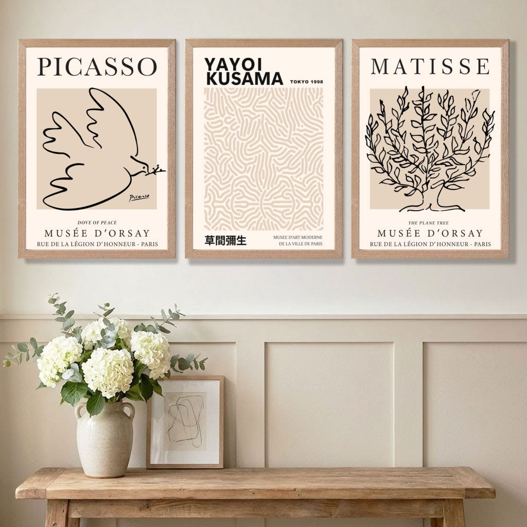 Neutral Room with a Set of 3 Picasso,Matisse and Yayoi Kusama Neutral Beige Art Prints in Oak Frames | Artze UK