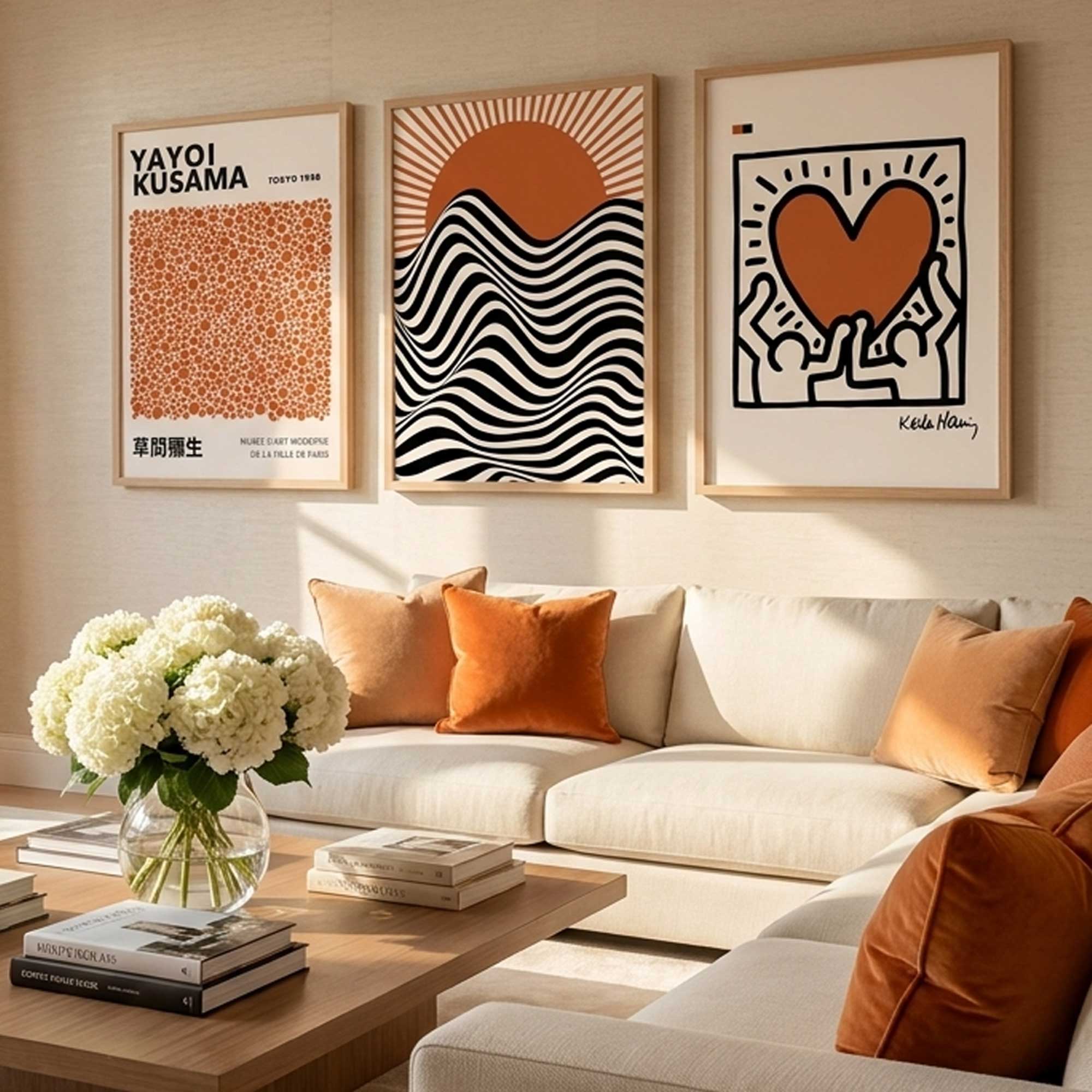 Living room with modern art by Yayoi Kusama, Bauhaus and Keith Haring on the wall and a white sofa with orange cushions.