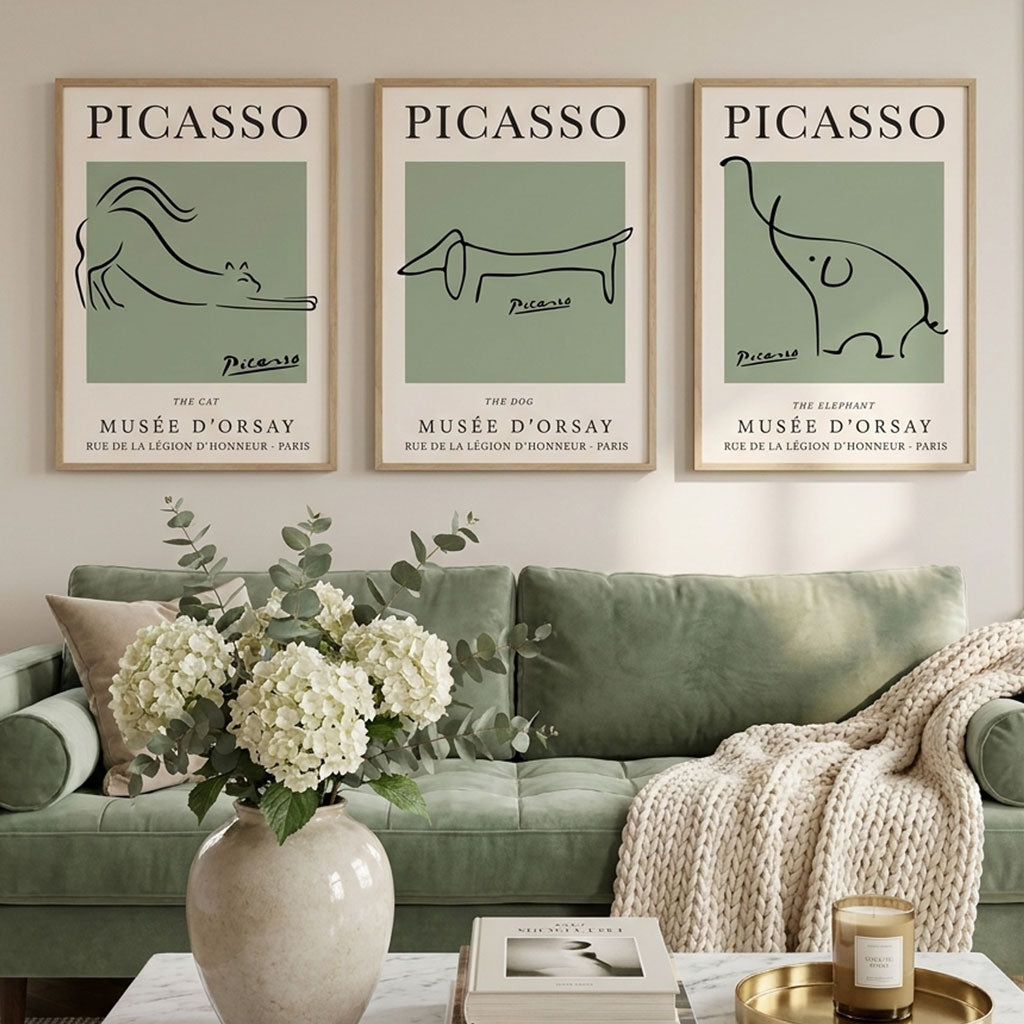 Cosy neutral living room with Picasso Gallery wall in Sage Green with Light Oak Frames
