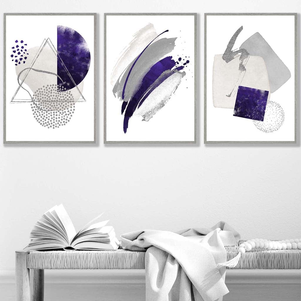Abstract Purple Silver Watercolour Shapes Set of 3 Prints