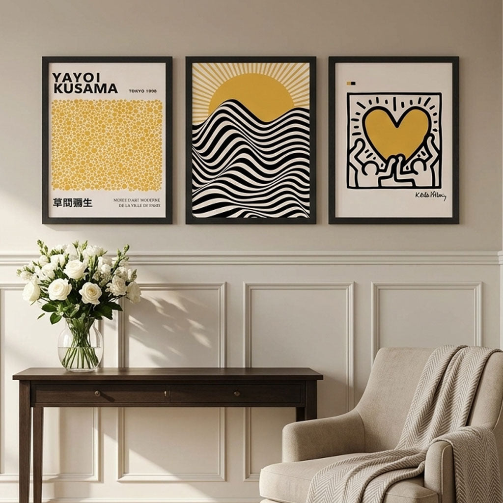 Quiet Luxury showcasing a Set of 3 Yayoi Kusama, Keith Haring Yellow Framed Wall Art with Black Wooden Frames 