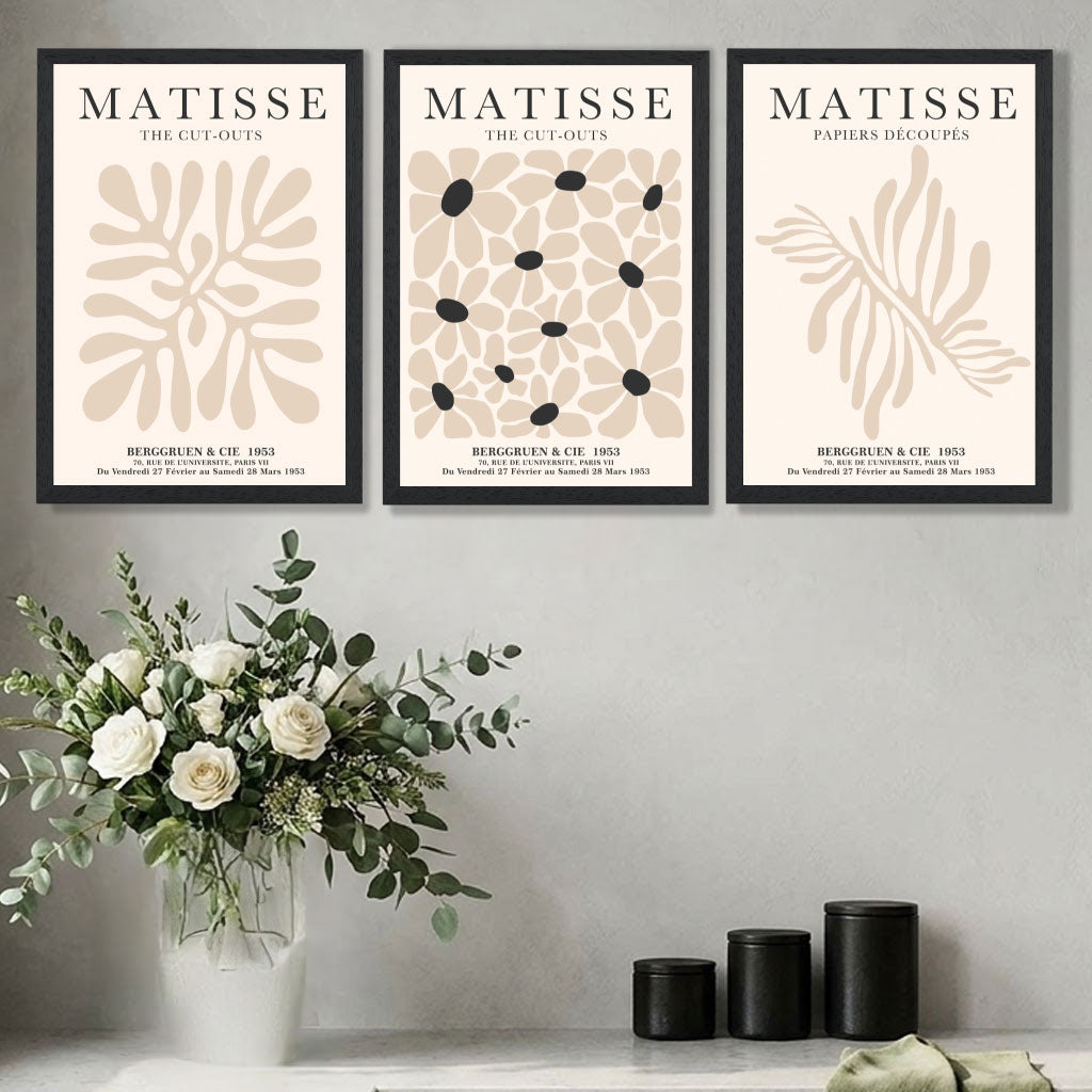 Quiet Luxury with a Set of 3 Matisse Floral Neutral Beige Art Prints in Black Frames | Artze UK
