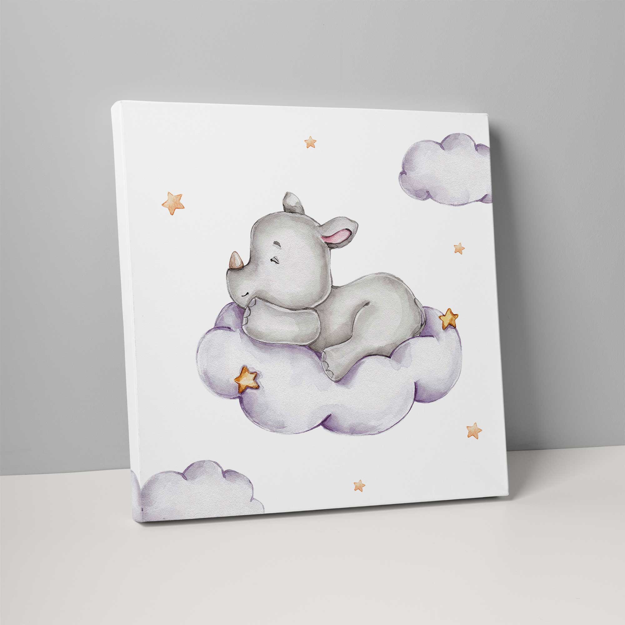 Cute Watercolour Rhino on Cloud Nursery Print on Canvas