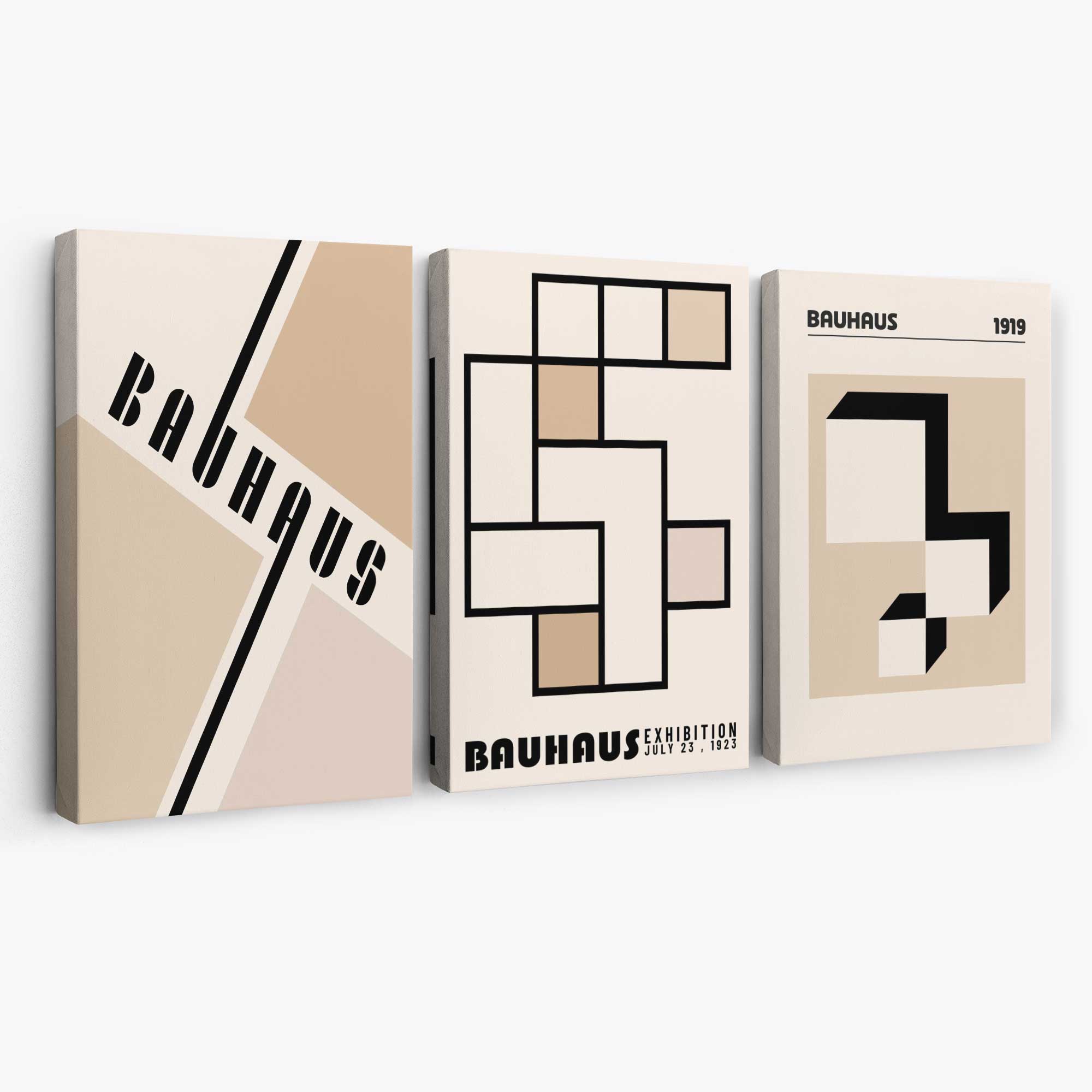 Set of 3 Bauhaus Geometric Neutral Beige Canvas Prints | Artze Wall Art