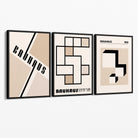 Set of 3 Bauhaus Geometric Neutral Beige Canvas Prints with Black Float Frame