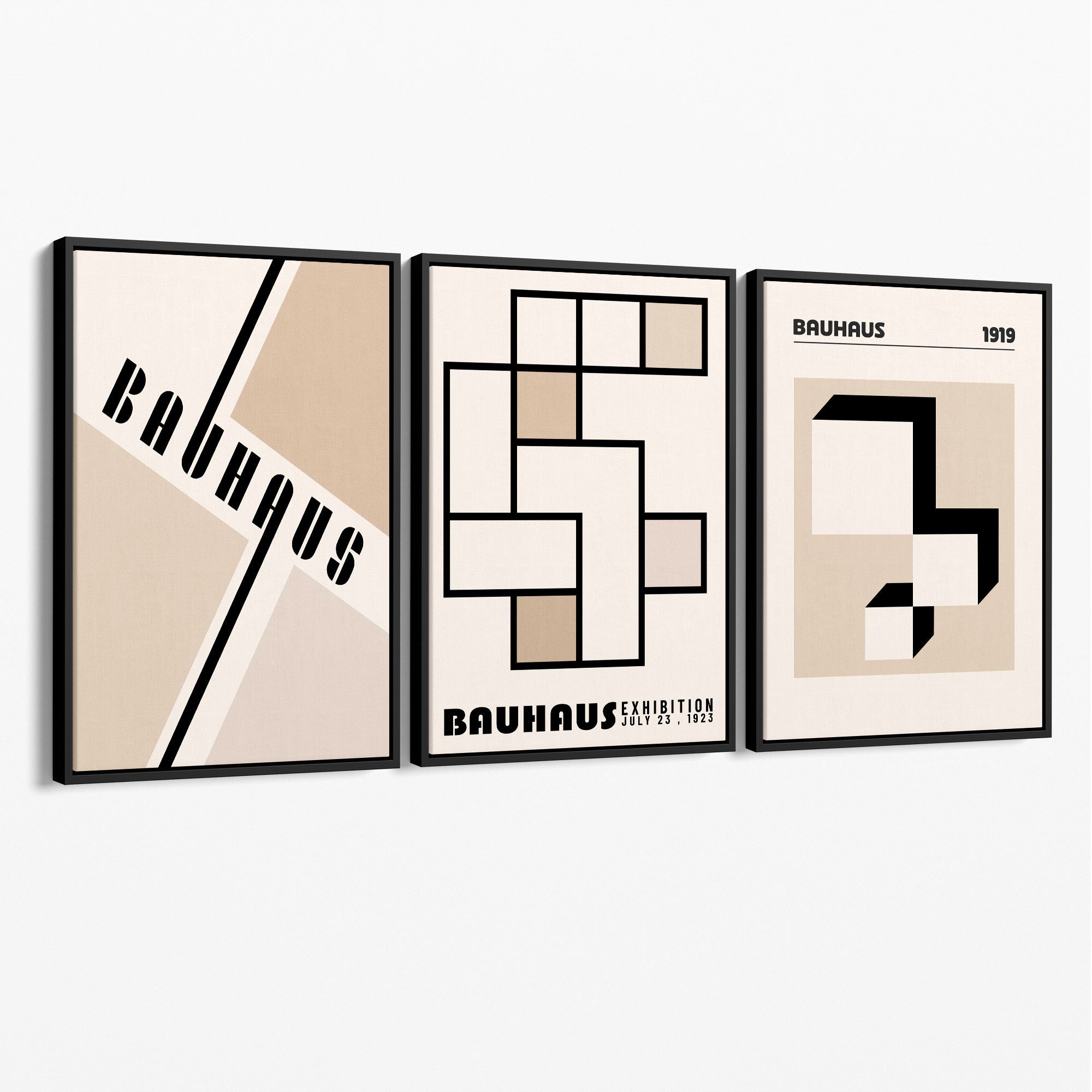 Set of 3 Bauhaus Geometric Neutral Beige Canvas Prints with Black Float Frame