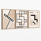 Set of 3 Bauhaus Geometric Neutral Beige Canvas Prints with Oak Float Frame
