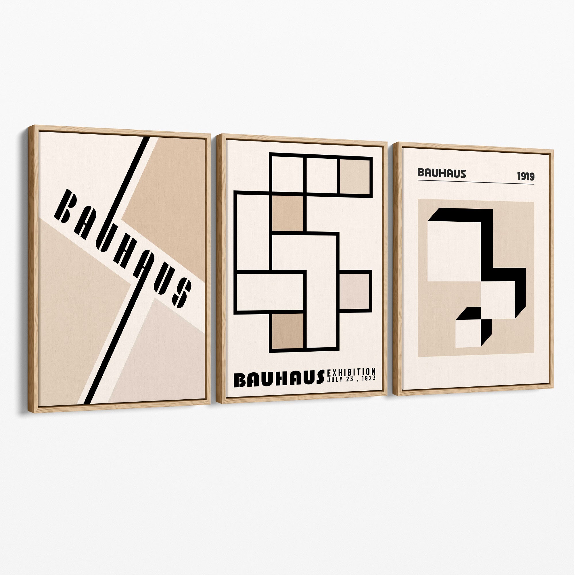 Set of 3 Bauhaus Geometric Neutral Beige Canvas Prints with Oak Float Frame