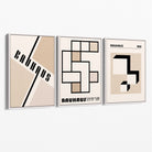 Set of 3 Bauhaus Geometric Neutral Beige Canvas Prints with White Float Frame