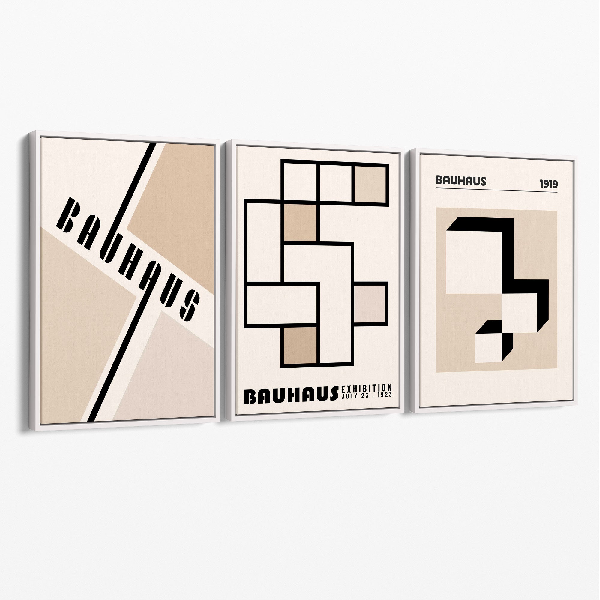 Set of 3 Bauhaus Geometric Neutral Beige Canvas Prints with White Float Frame