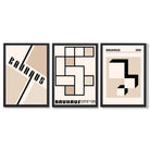 Set of 3 Bauhaus Geometric Neutral Beige Framed Wall Art with Black Wooden Frames