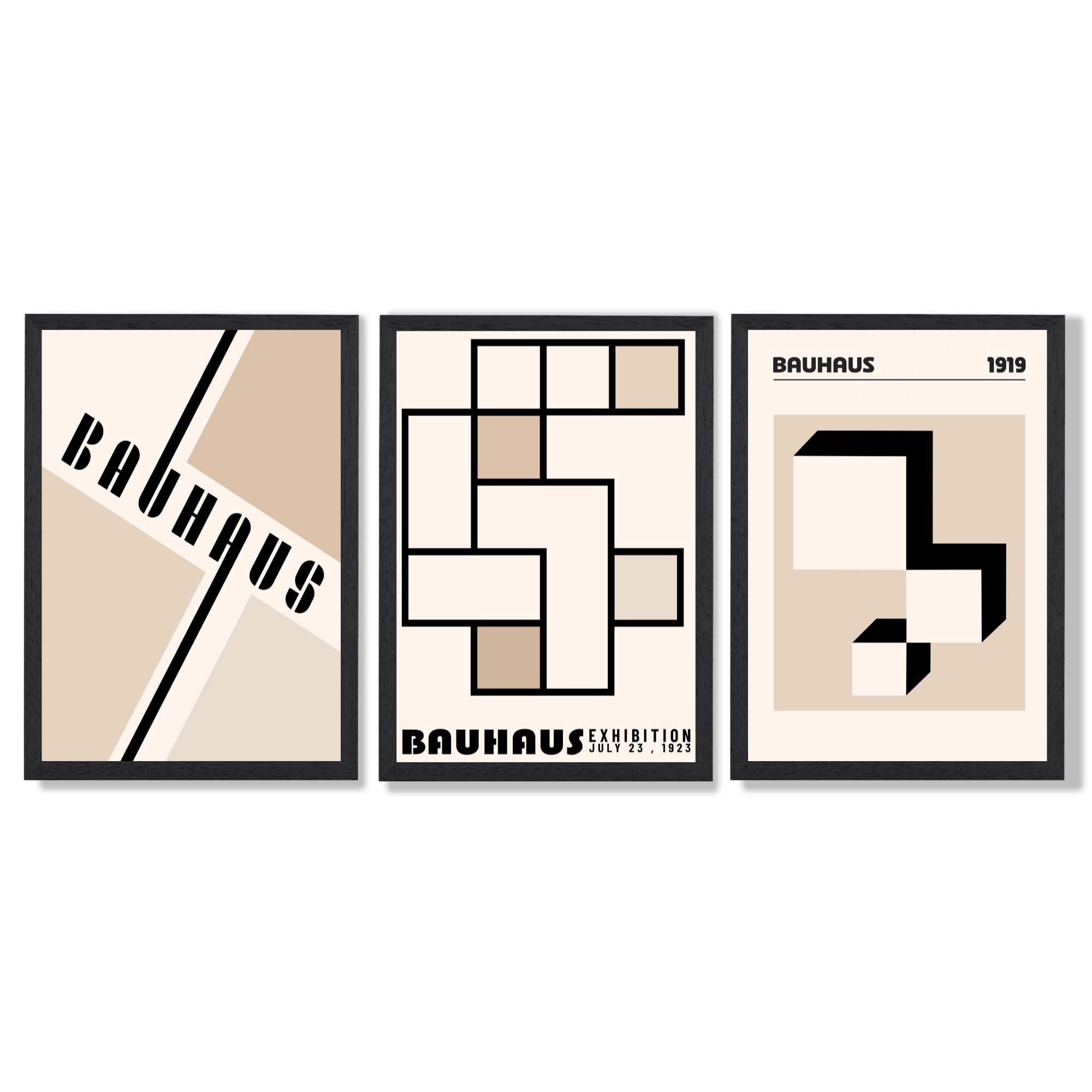 Set of 3 Bauhaus Geometric Neutral Beige Framed Wall Art with Black Wooden Frames