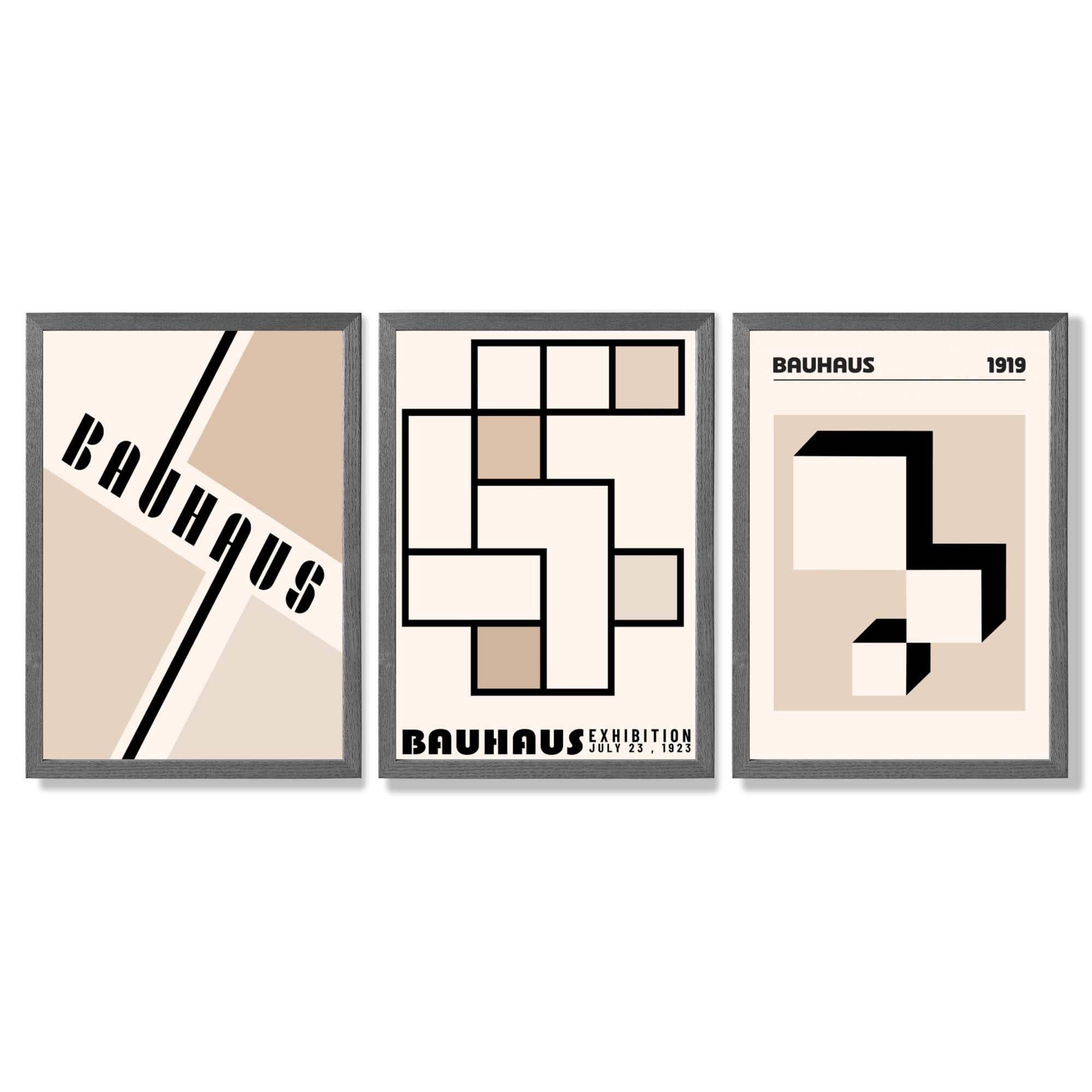 Set of 3 Bauhaus Geometric Neutral Beige Framed Wall Art with Dark Grey Wooden Frames
