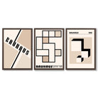 Set of 3 Bauhaus Geometric Neutral Beige Framed Wall Art with Dark Wood Frames