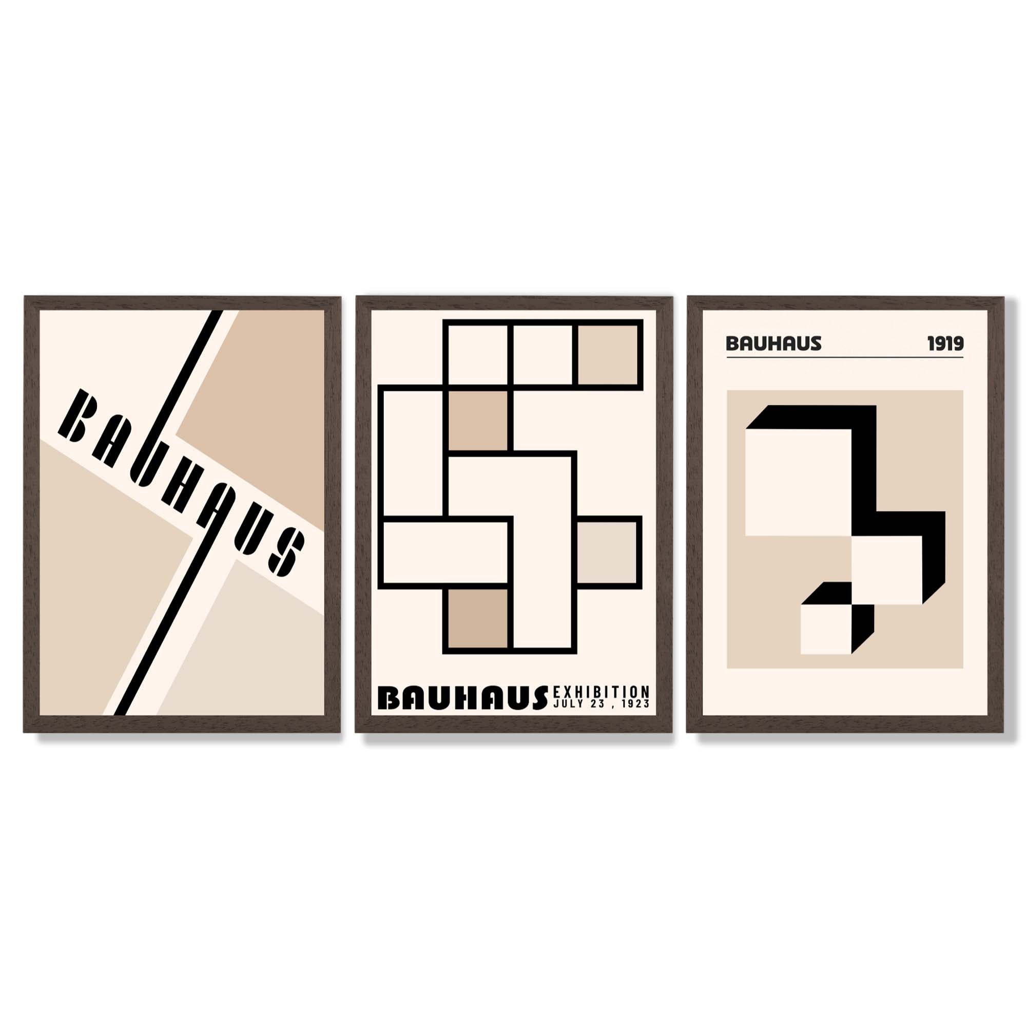 Set of 3 Bauhaus Geometric Neutral Beige Framed Wall Art with Dark Wood Frames