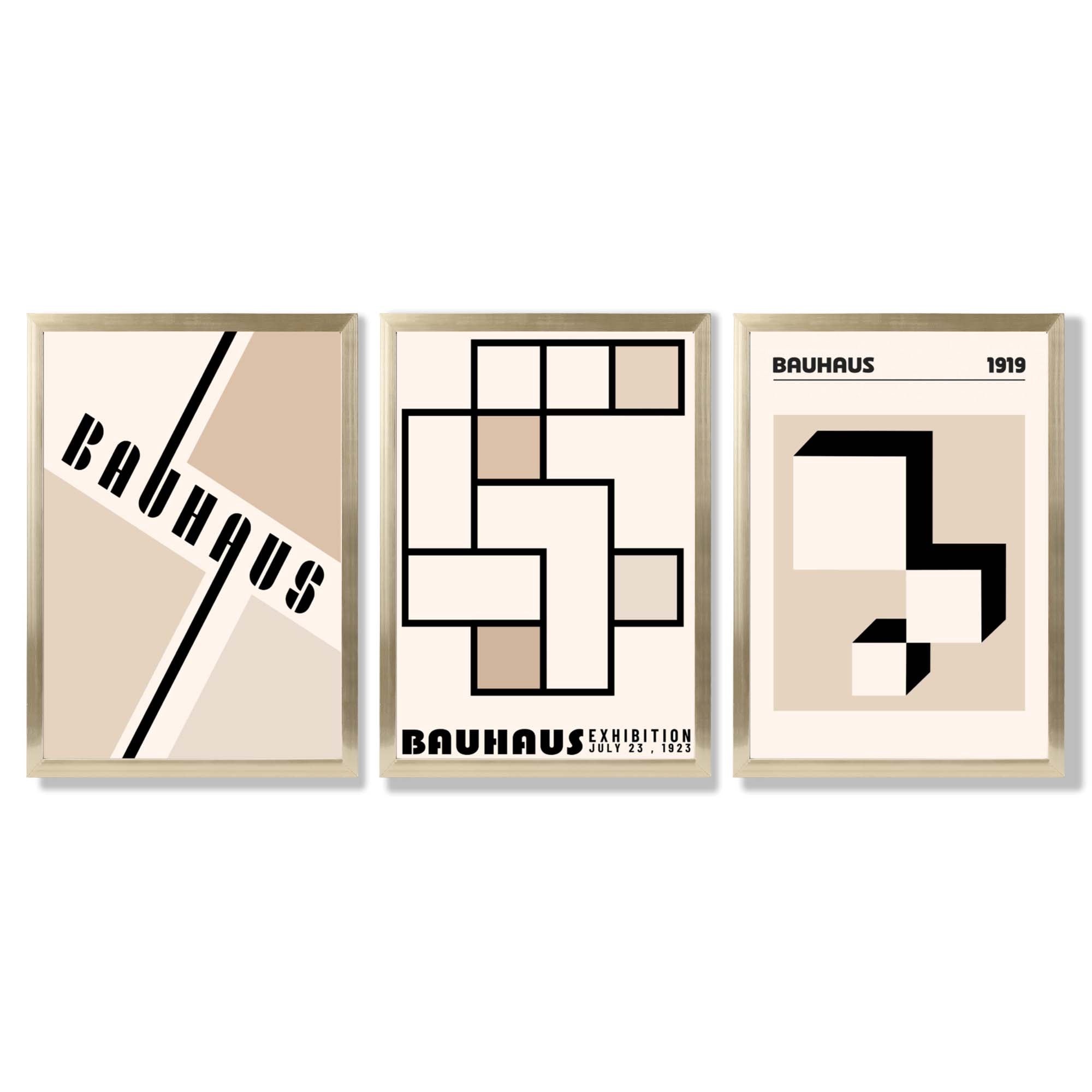 Set of 3 Bauhaus Geometric Neutral Beige Framed Wall Art with Gold Wood Frames