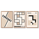 Set of 3 Bauhaus Geometric Neutral Beige Framed Wall Art with Light Oak Frames