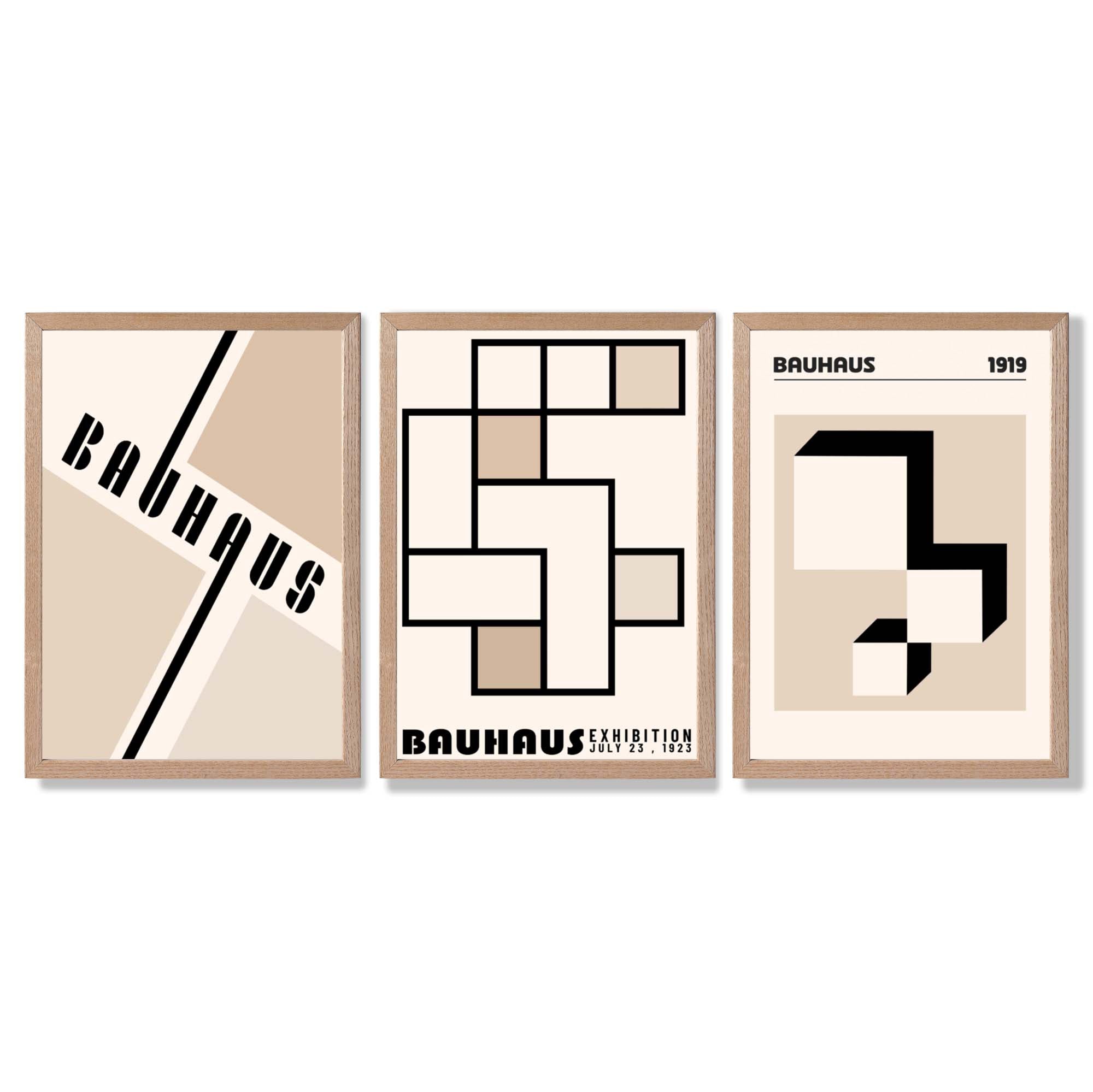Set of 3 Bauhaus Geometric Neutral Beige Framed Wall Art with Light Oak Frames