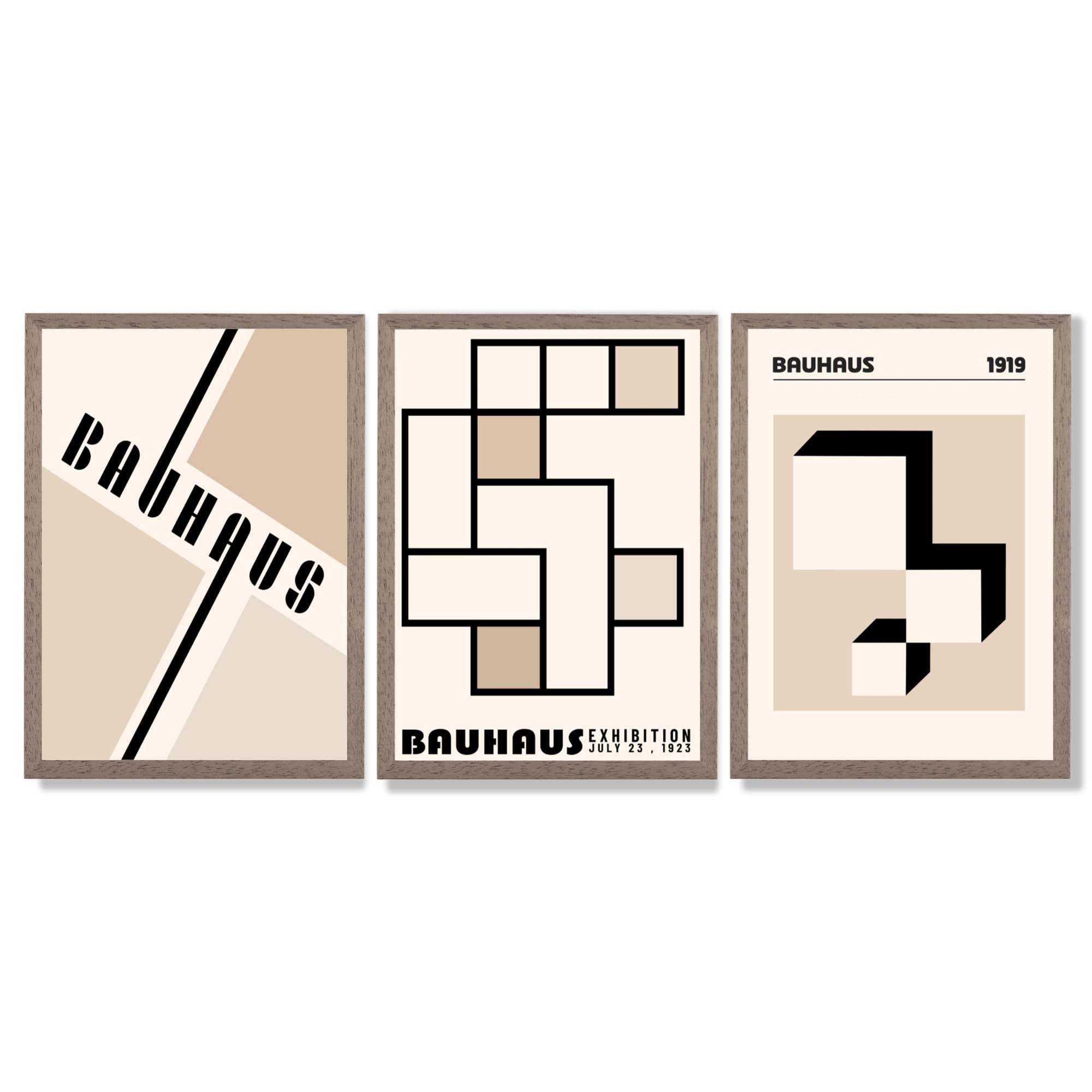 Set of 3 Bauhaus Geometric Neutral Beige Framed Wall Art with Light Walnut Frames