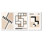 Set of 3 Bauhaus Geometric Neutral Beige Framed Wall Art with White Wooden Frames