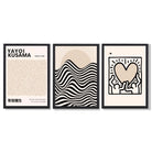 Set of 3 Beige Bauhaus, Yayoi Kusama Japandi Modern Framed Wall Art with Black Wooden Frames