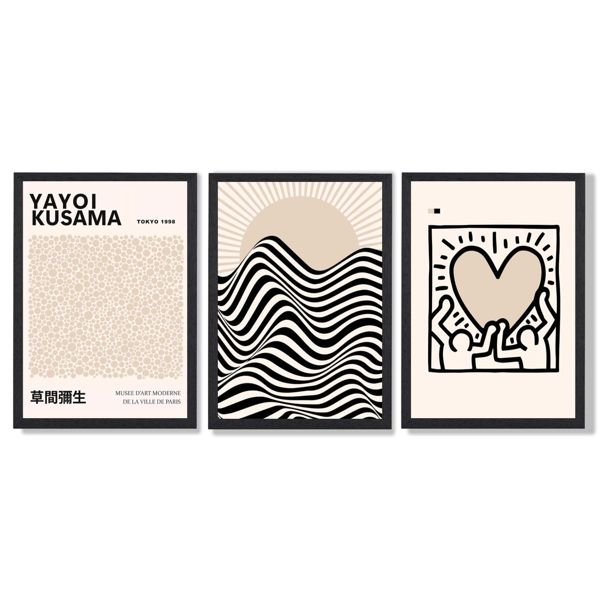 Set of 3 Beige Bauhaus, Yayoi Kusama Japandi Modern Framed Wall Art with Black Wooden Frames