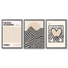Set of 3 Beige Bauhaus, Yayoi Kusama Japandi Modern Framed Wall Art with Dark Grey Wooden Frames