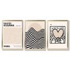 Set of 3 Beige Bauhaus, Yayoi Kusama Japandi Modern Framed Wall Art with Gold Wood Frames