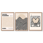 Set of 3 Beige Bauhaus, Yayoi Kusama Japandi Modern Framed Wall Art with Light Oak Frames