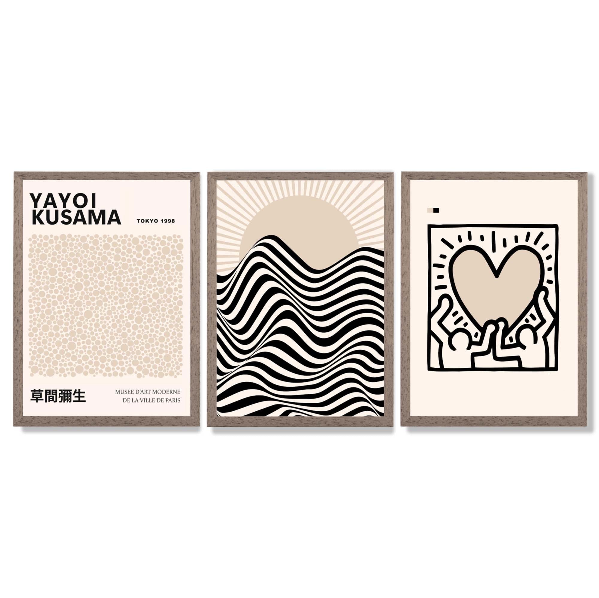 Set of 3 Beige Bauhaus, Yayoi Kusama Japandi Modern Framed Wall Art with Light Walnut Frames