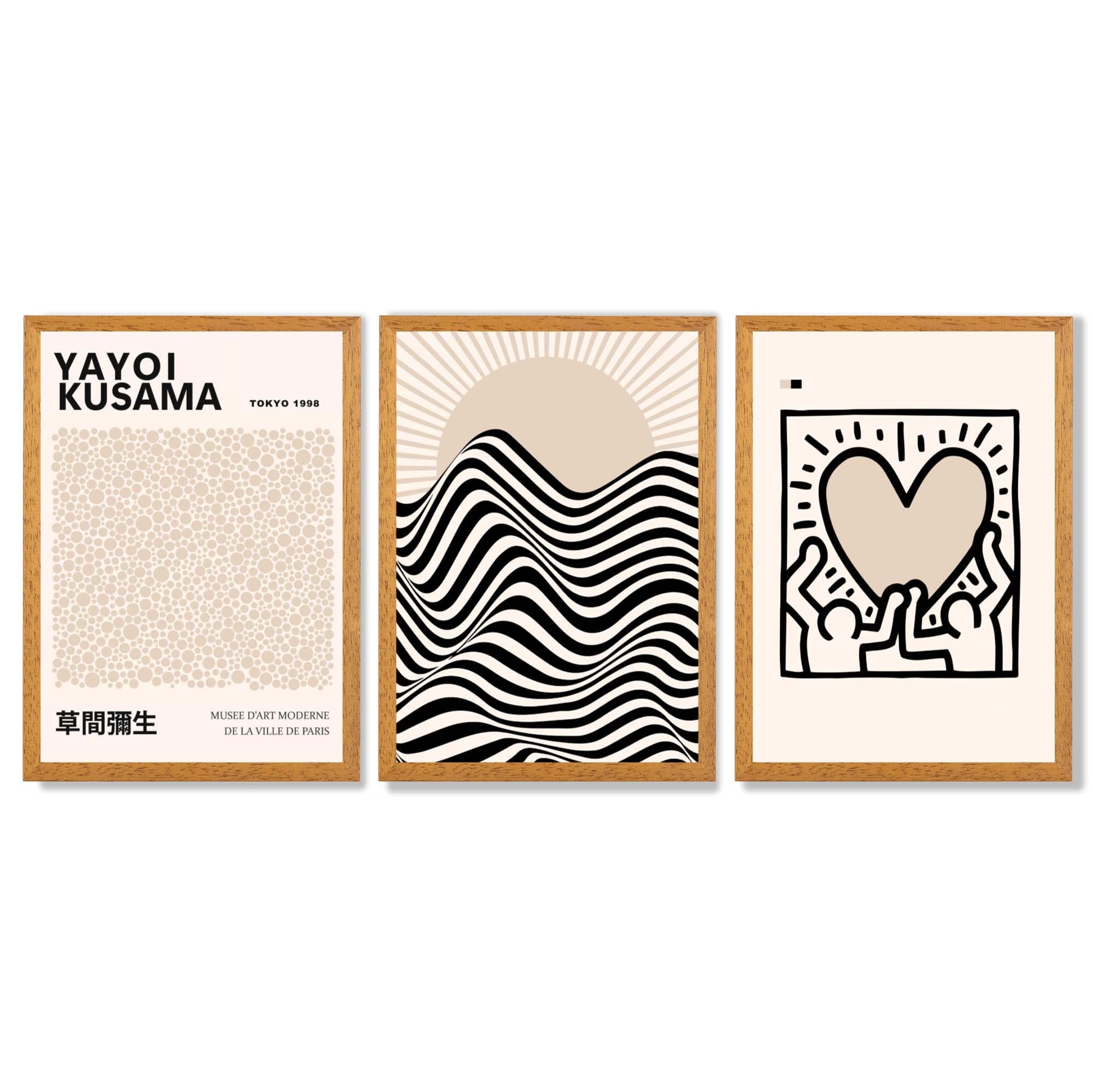 Set of 3 Beige Bauhaus, Yayoi Kusama Japandi Modern Framed Wall Art with Oak Wooden Frames