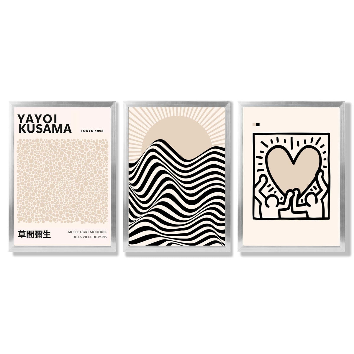 Set of 3 Beige Bauhaus, Yayoi Kusama Japandi Modern Framed Wall Art with Silver Wood Frames