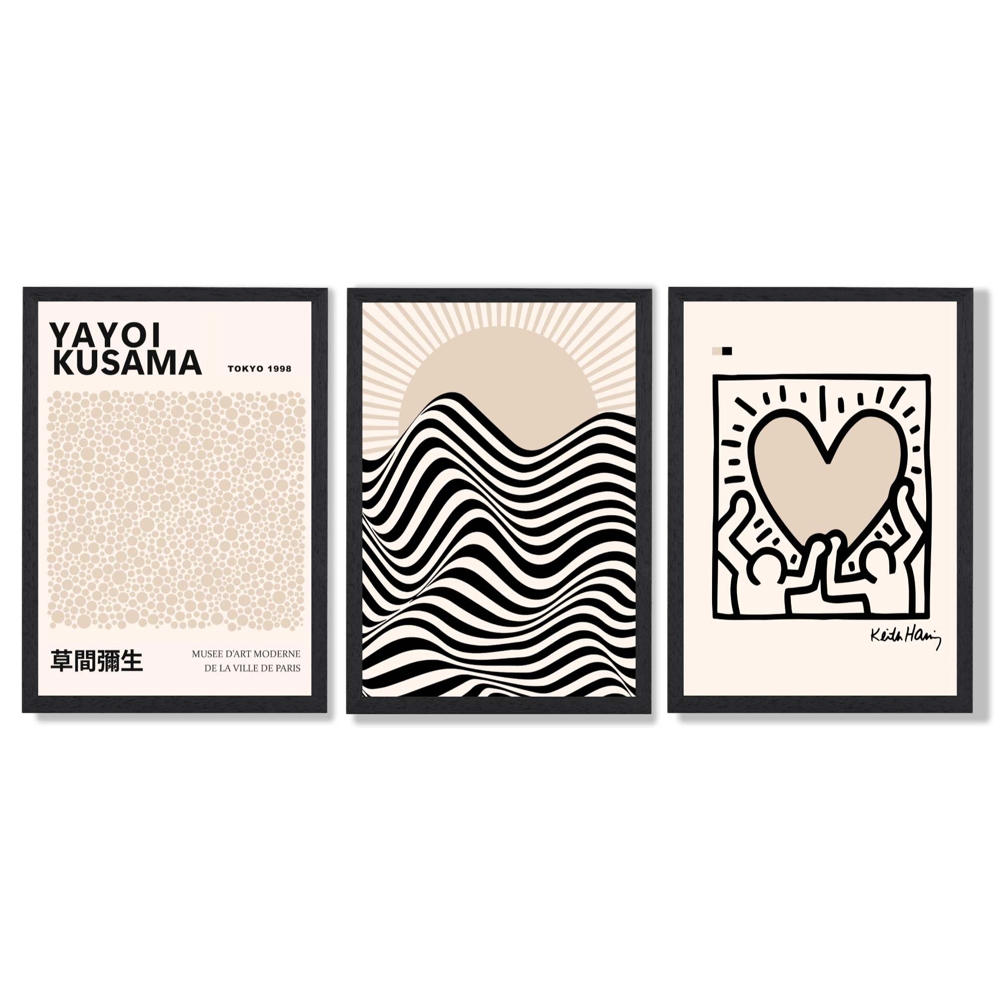 Set of 3 Beige Bauhaus, Yayoi Kusama and Keith Haring Modern Framed Wall Art with Black Wooden Frames