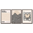 Set of 3 Beige Bauhaus, Yayoi Kusama and Keith Haring Modern Framed Wall Art with Dark Wood Frames