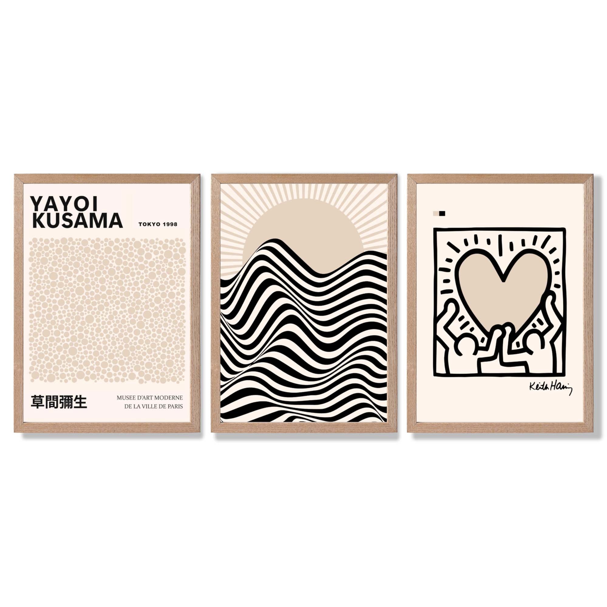 Set of 3 Beige Bauhaus, Yayoi Kusama and Keith Haring Modern Framed Wall Art with Light Oak Frames