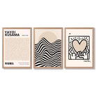 Set of 3 Beige Bauhaus, Yayoi Kusama and Keith Haring Modern Framed Wall Art with Light Oak Frames