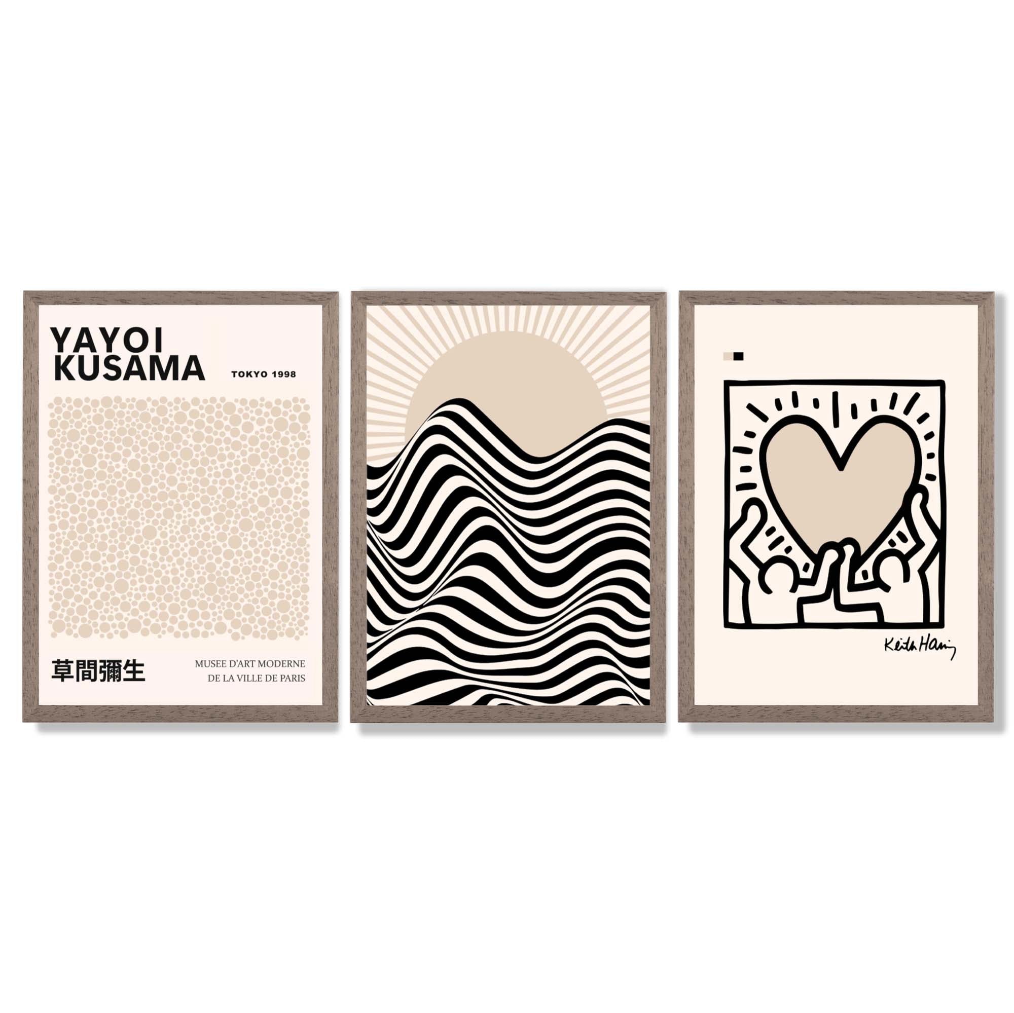 Set of 3 Beige Bauhaus, Yayoi Kusama and Keith Haring Modern Framed Wall Art with Light Walnut Frames