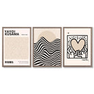 Set of 3 Beige Bauhaus, Yayoi Kusama and Keith Haring Modern Framed Wall Art with Light Walnut Frames