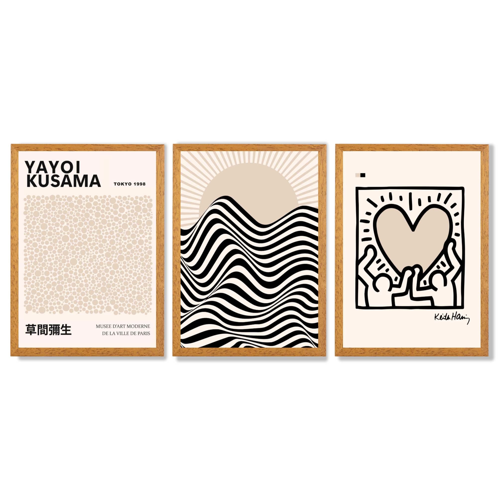Set of 3 Beige Bauhaus, Yayoi Kusama and Keith Haring Modern Framed Wall Art with Oak Wooden Frames