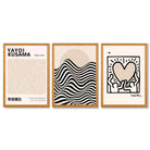 Set of 3 Beige Bauhaus, Yayoi Kusama and Keith Haring Modern Framed Wall Art with Oak Wooden Frames