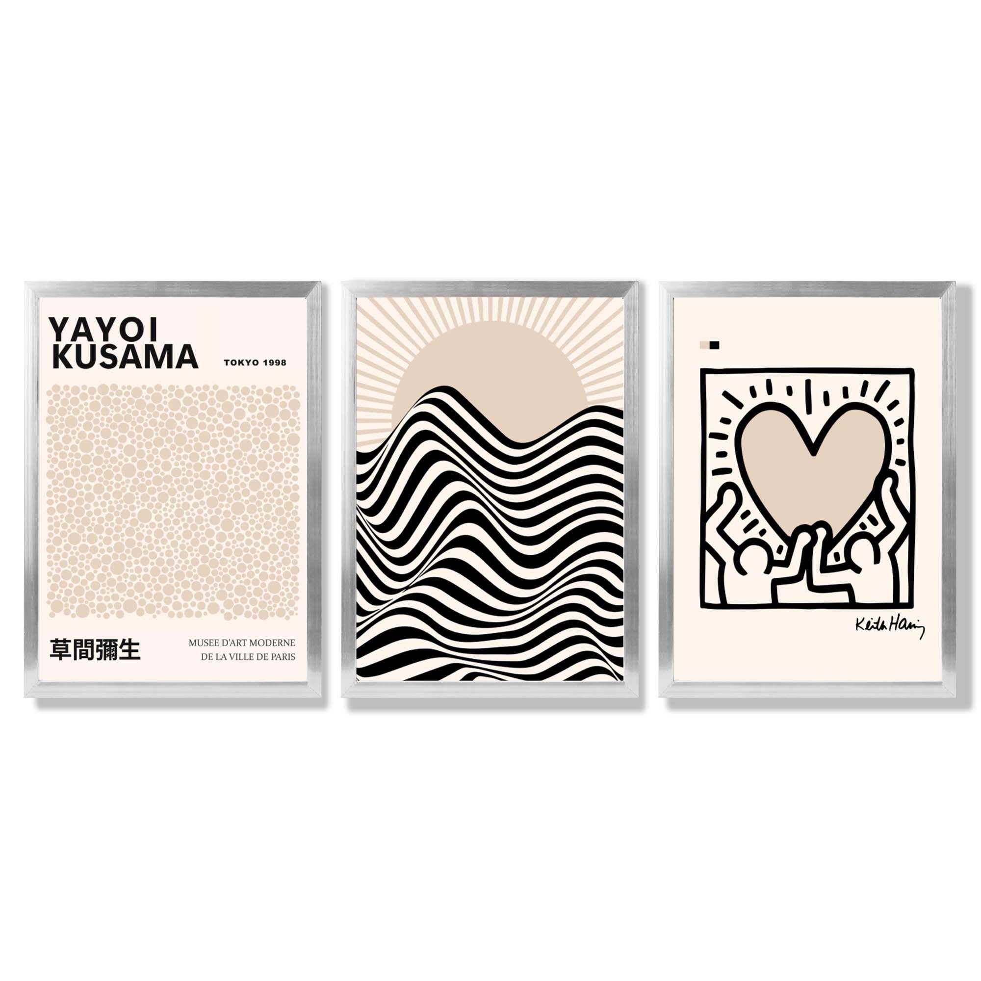 Set of 3 Beige Bauhaus, Yayoi Kusama and Keith Haring Modern Framed Wall Art with Silver Wood Frames