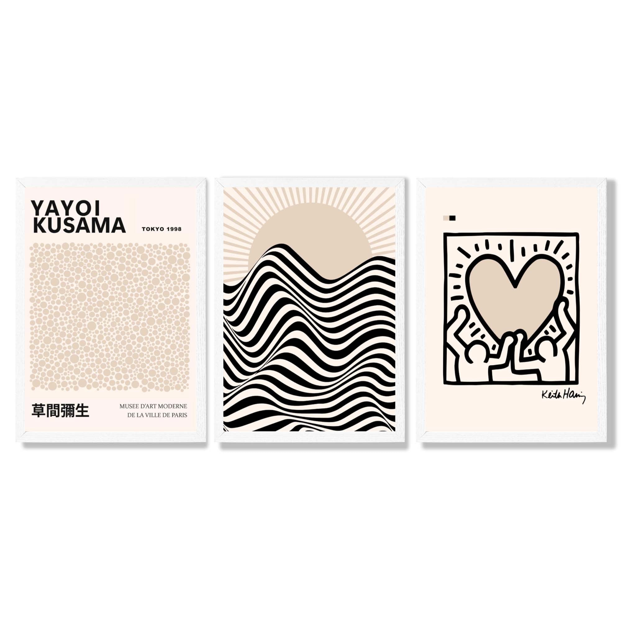 Set of 3 Beige Bauhaus, Yayoi Kusama and Keith Haring Modern Framed Wall Art with White Wooden Frames
