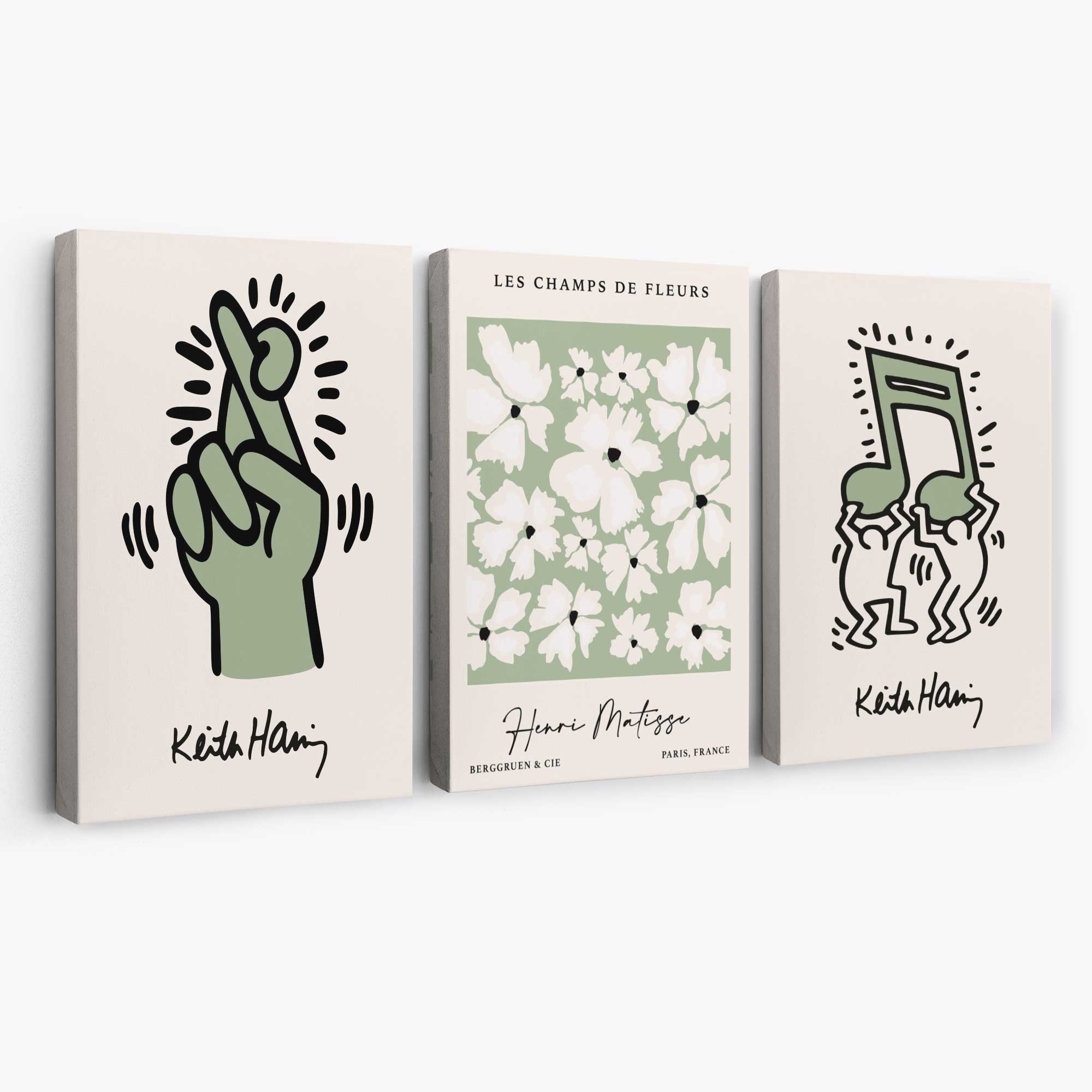 Set of 3 Keith Haring meets Matisse in Green Canvas Prints | Artze Wall Art