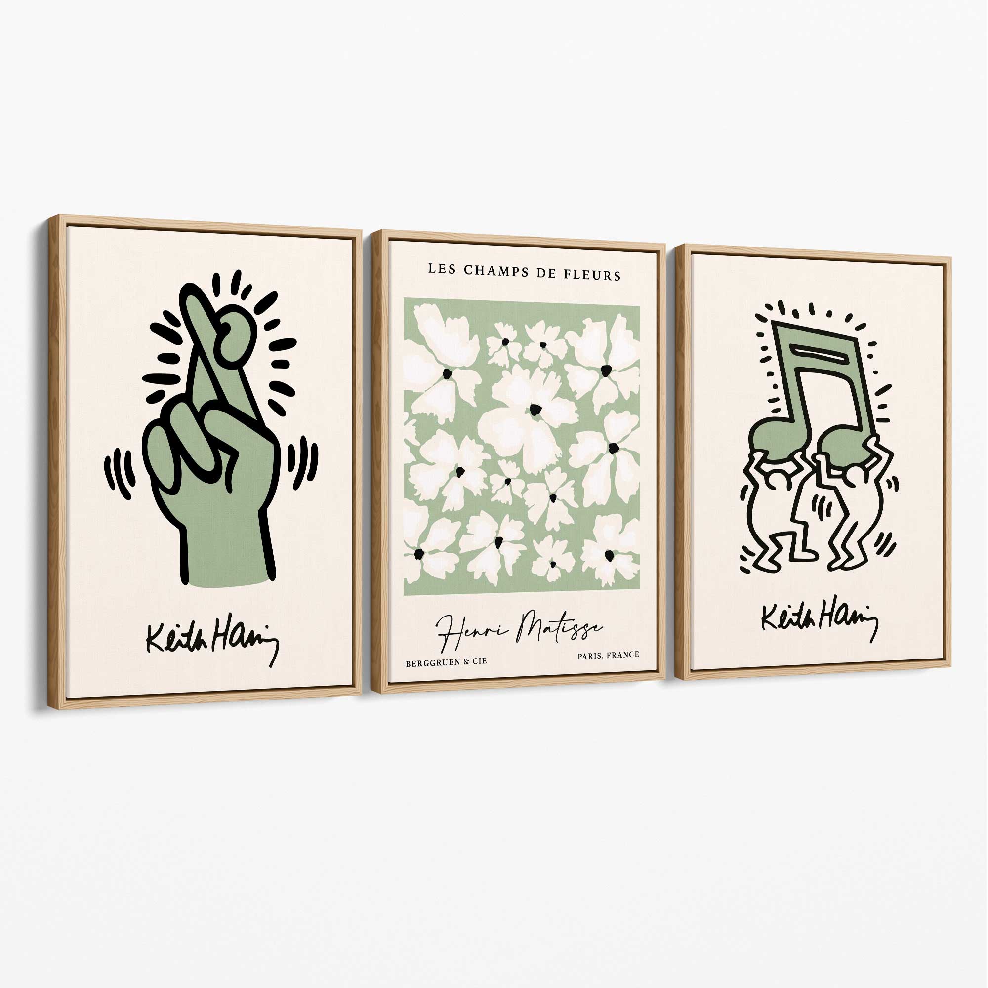 Set of 3 Keith Haring meets Matisse in Green Canvas Prints with Oak Float Frame