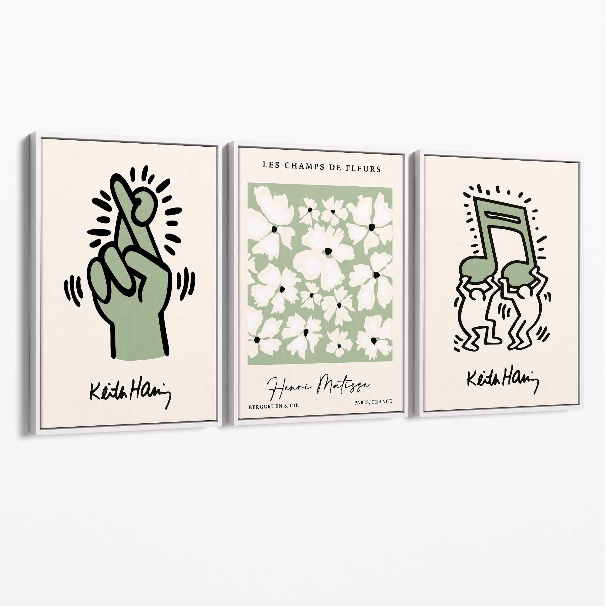 Set of 3 Keith Haring meets Matisse in Green Canvas Prints with White Float Frame