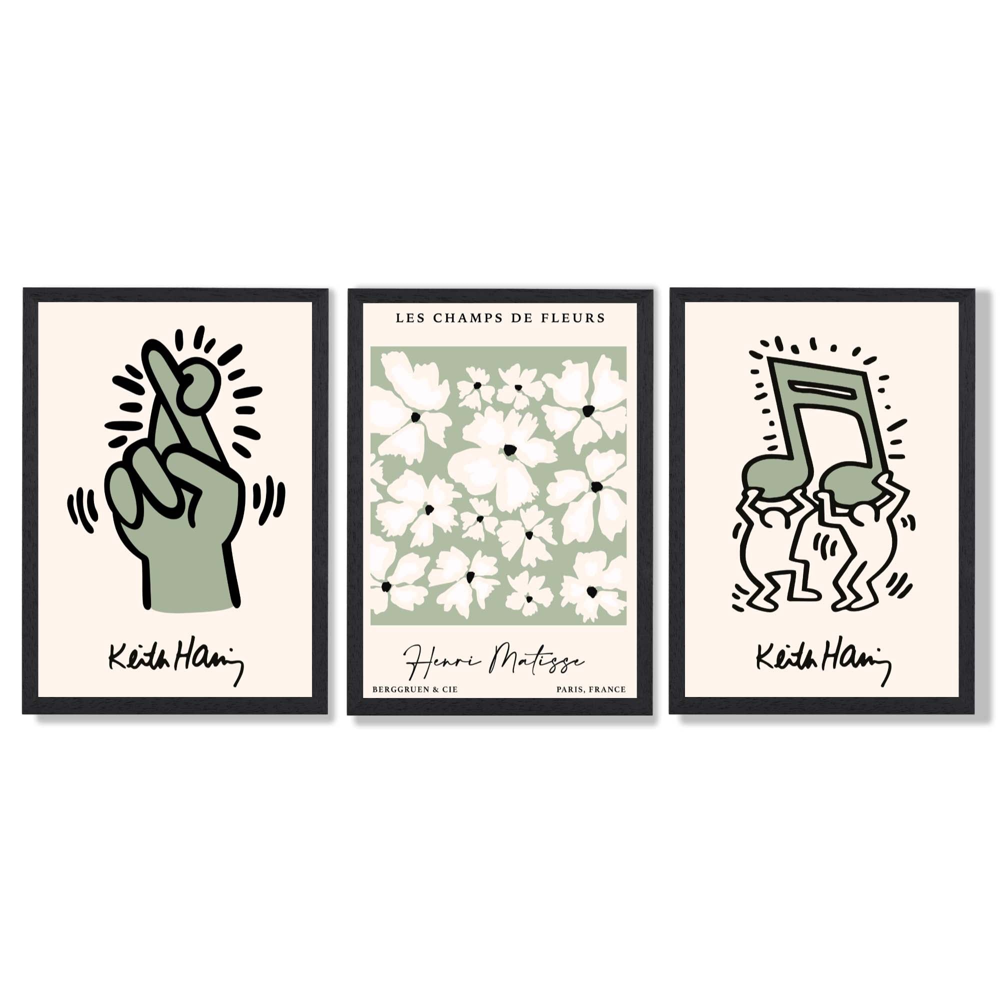 Set of 3 Keith Haring meets Matisse in Green Framed Wall Art with Black Wooden Frames