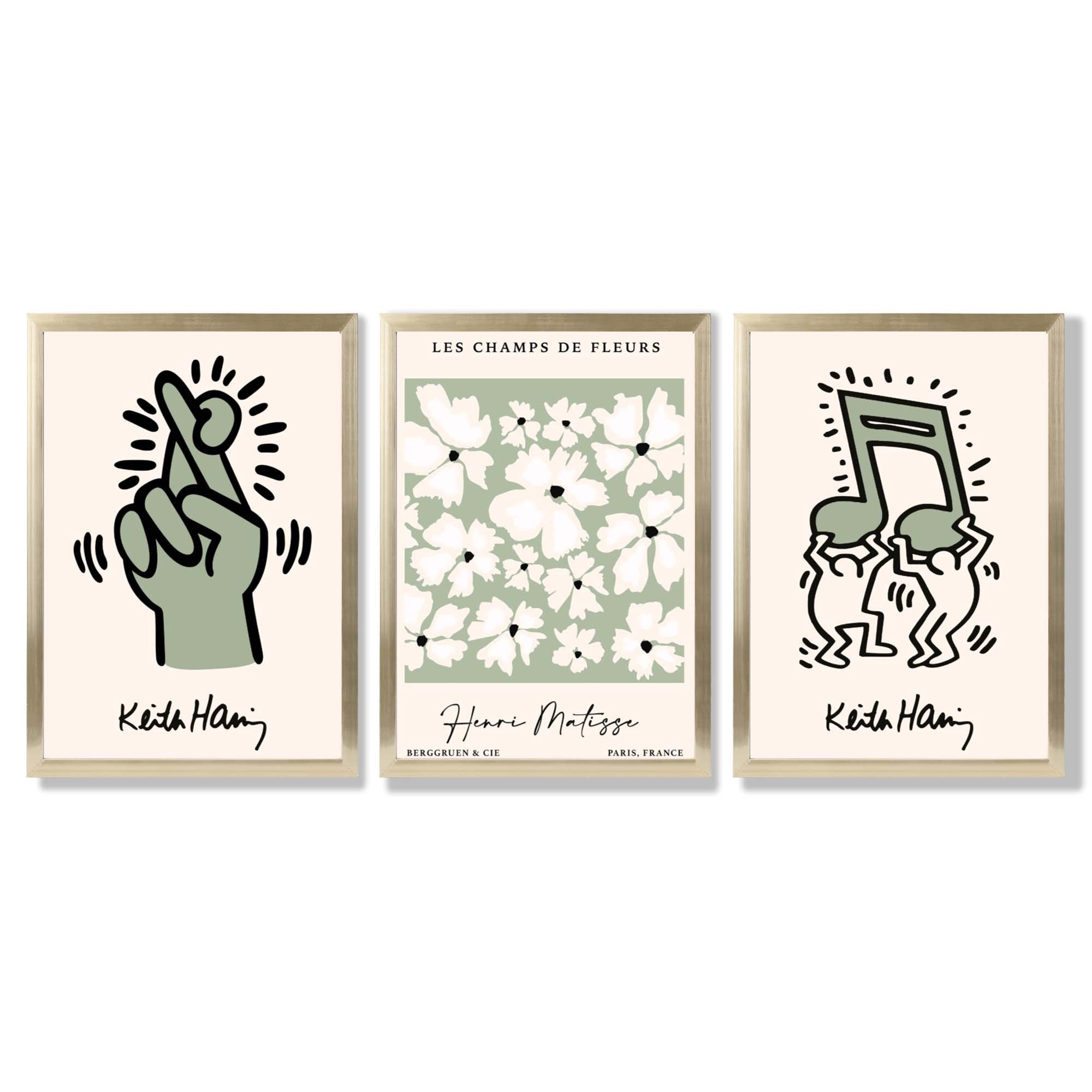 Set of 3 Keith Haring meets Matisse in Green Framed Wall Art with Gold Wood Frames