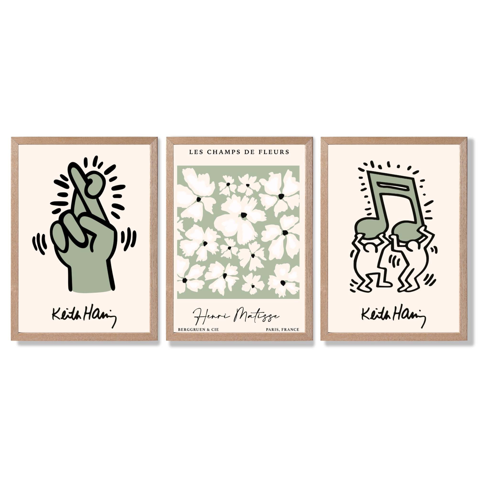 Set of 3 Keith Haring meets Matisse in Green Framed Wall Art with Light Oak Frames