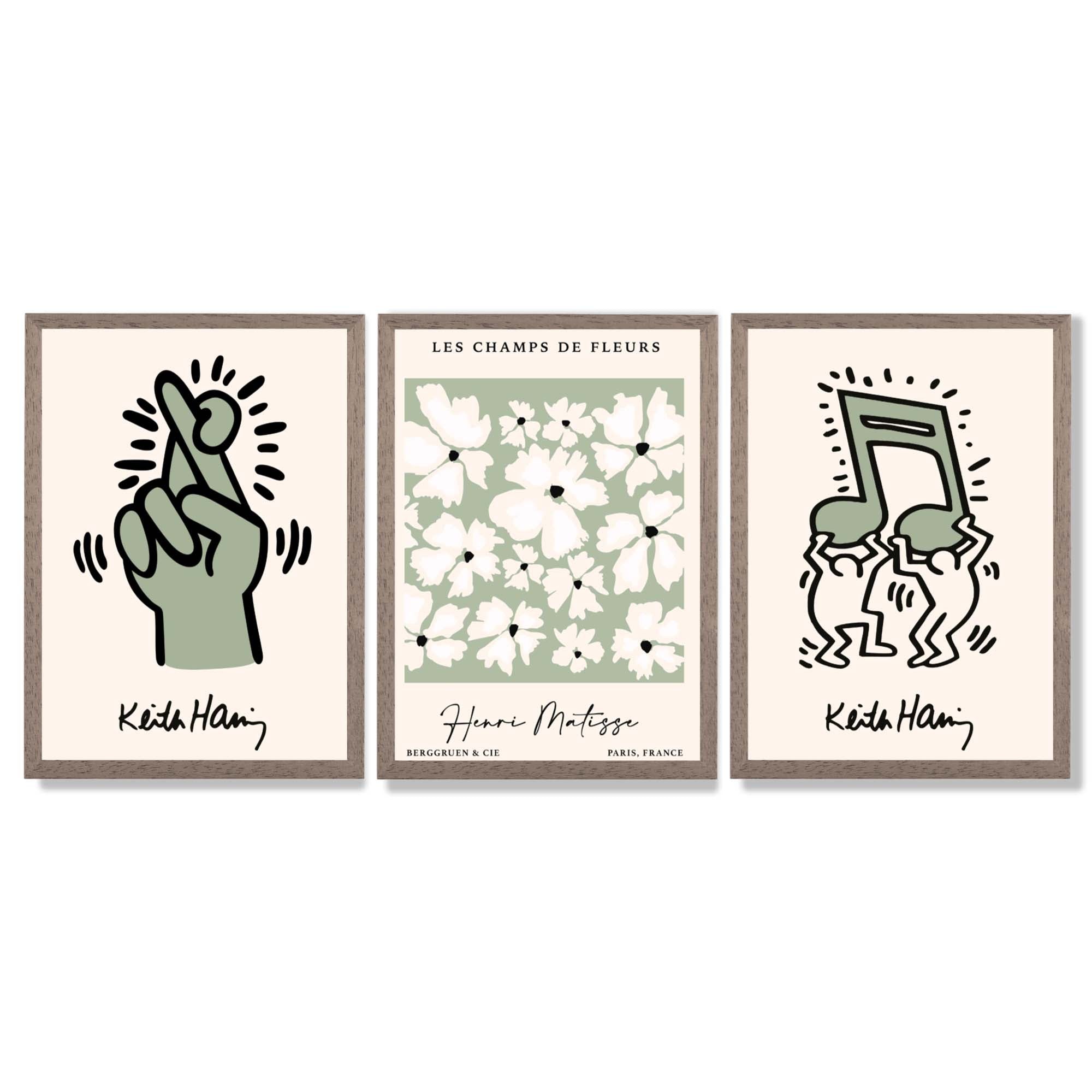 Set of 3 Keith Haring meets Matisse in Green Framed Wall Art with Light Walnut Frames
